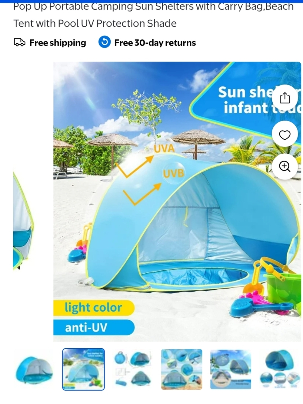 Kids Pop-Up Beach Sun Shelter Tent - Light Blue UV Protection